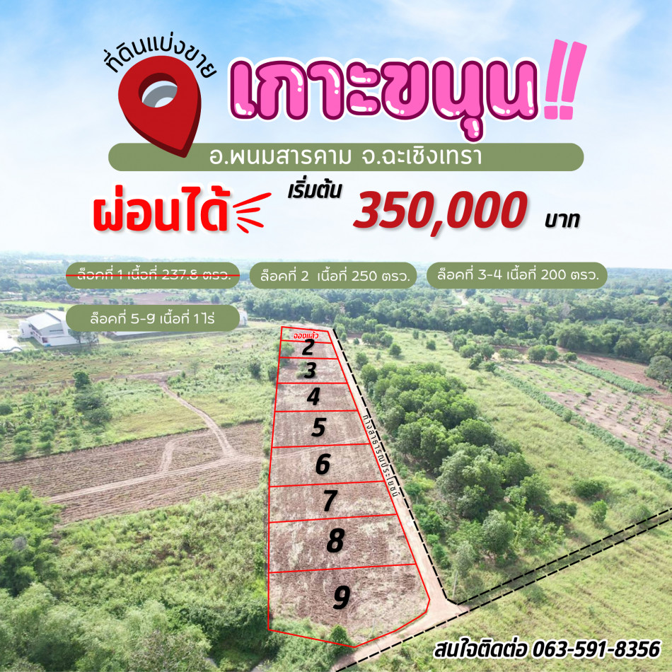 ขายที่สวนผ่อนได้เกาะขนุน เริ่มต้น 200 ตรว. ผ่อนนาน60งวด ใกล้ตลาดสด โรงพยาบาลและถนนใหญ่ อ.พนมสารคาม ฉ